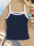 Navy Blue Ribbed Tank Top for Girls Aged 5-13