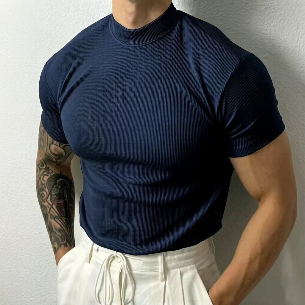 Man Fashion Tops Men's T-shirt Small High Collar Stripe Shirt Casual T-shirt Short Sleeve Fitness T shirt Men Sport Clothing
