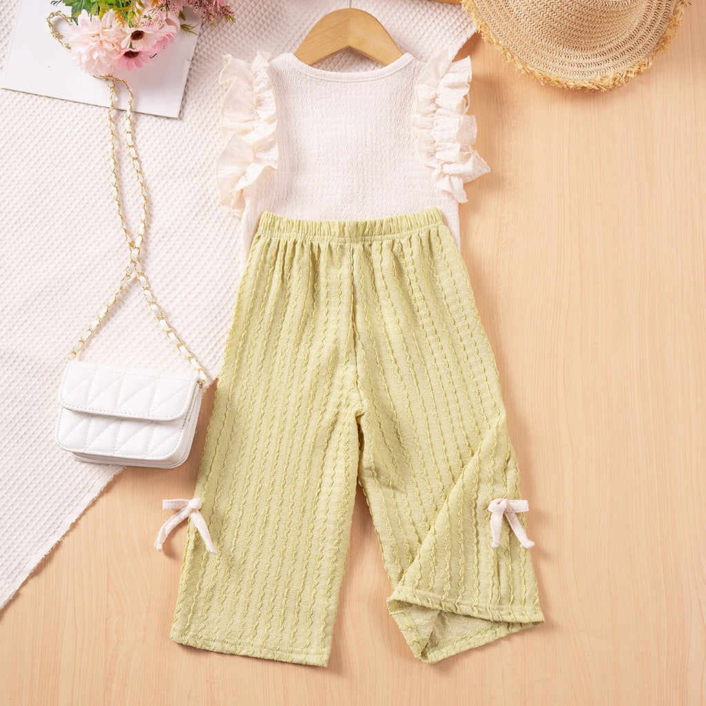 Girls' Summer Floral Set with Bow Pants for Ages 3-8