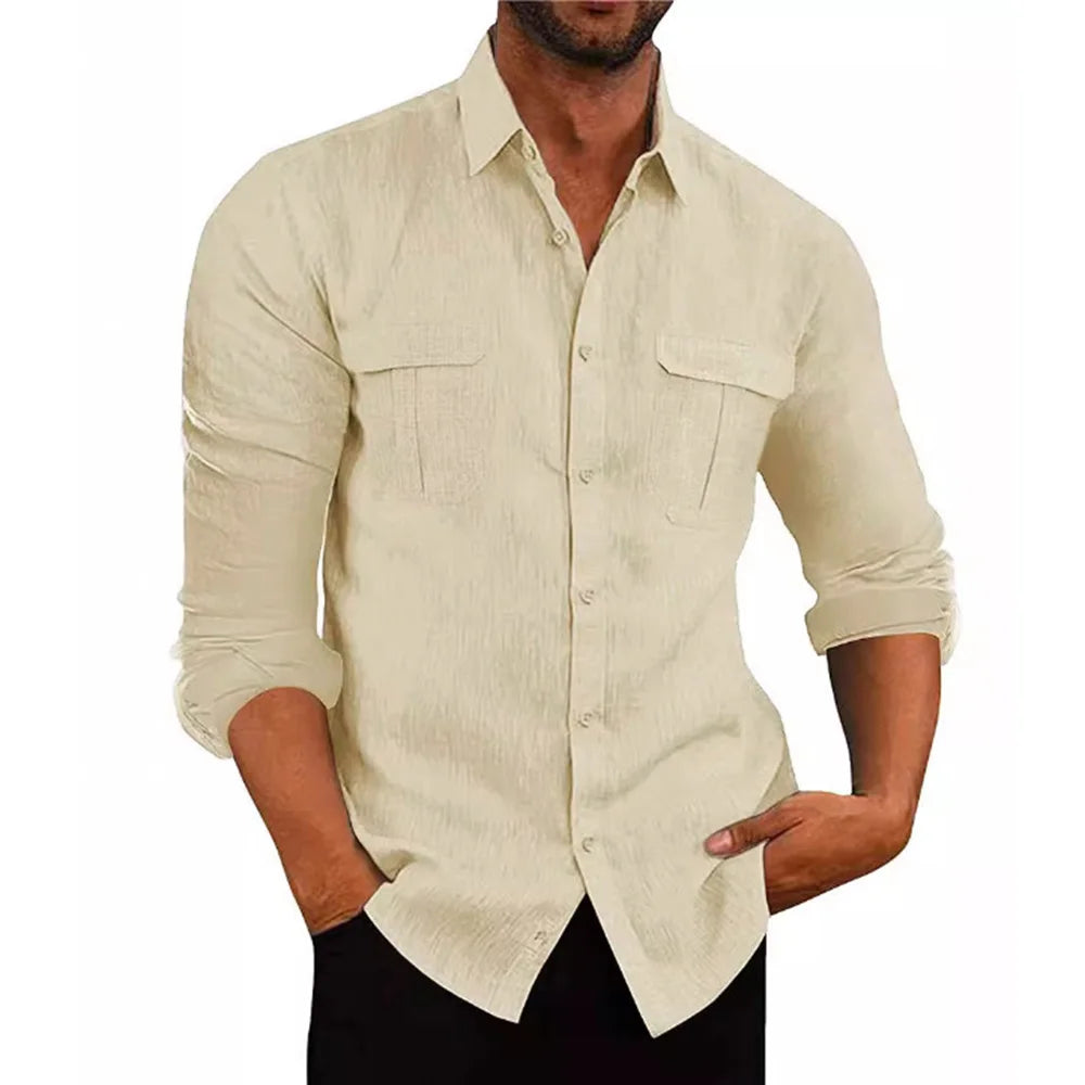 Men's Casual Cotton Linen Long Sleeve Shirt for Autumn