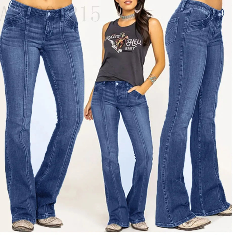 Chic Women's Low Waisted Flared Jeans in Cotton Denim