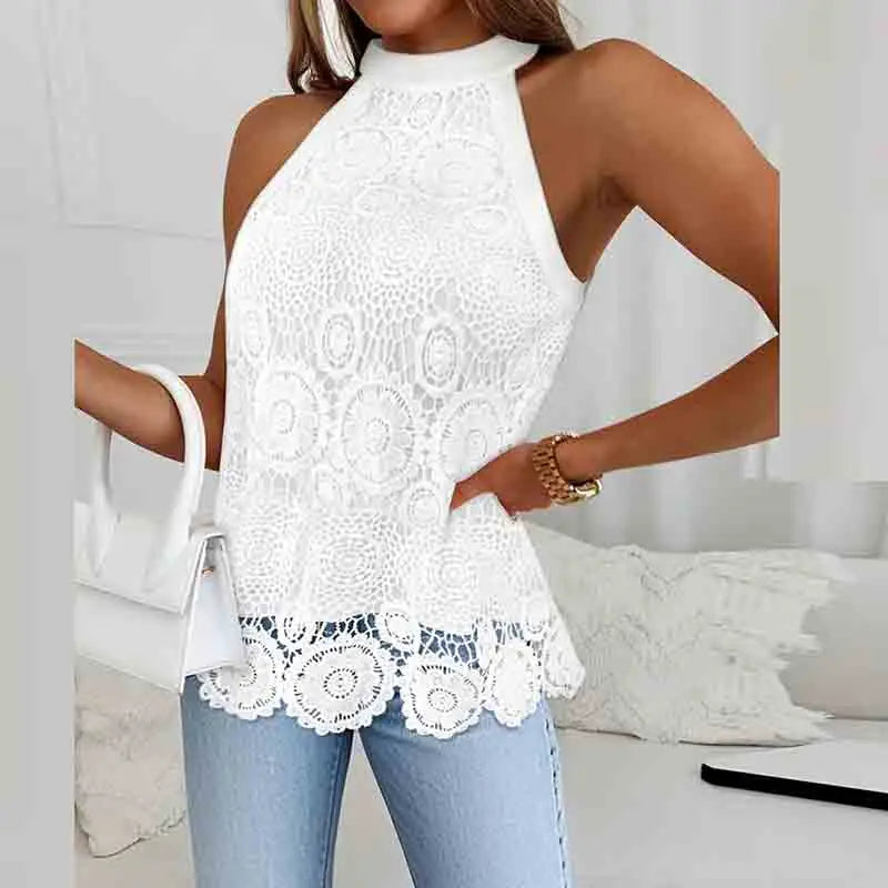 White Top Woman Y2K Halter Neck Crop Tops Sleeveless Lace T-Shirts For Women Tee Female Sexy Tank Top