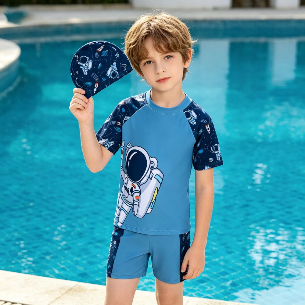 Boys Surf Rash Guard Set with Cap and Shorts for Summer