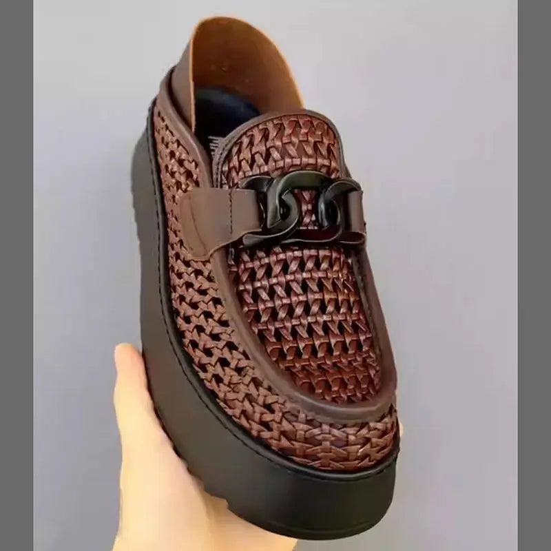 Men's Shoes 2026 New Thick Soled Height Increasing Trend Breathable Loafers Fashion Retro Weave Versatile Platform Casual Shoes