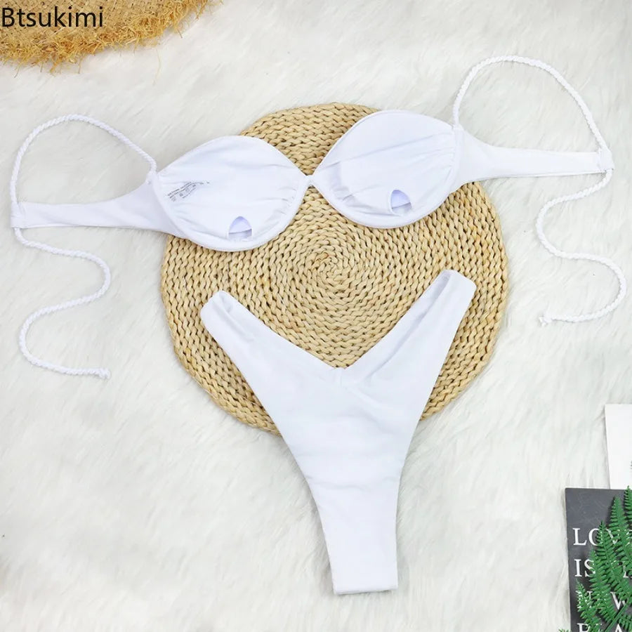 Btsukimi Women's Micro Bikini Set in Solid Colors for Summer