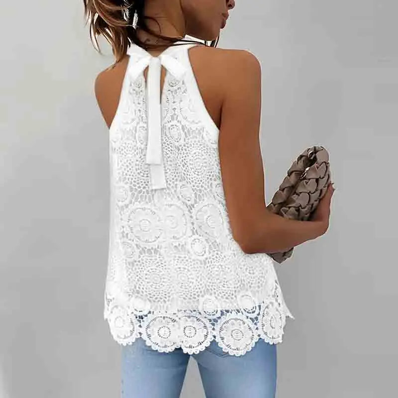 White Top Woman Y2K Halter Neck Crop Tops Sleeveless Lace T-Shirts For Women Tee Female Sexy Tank Top
