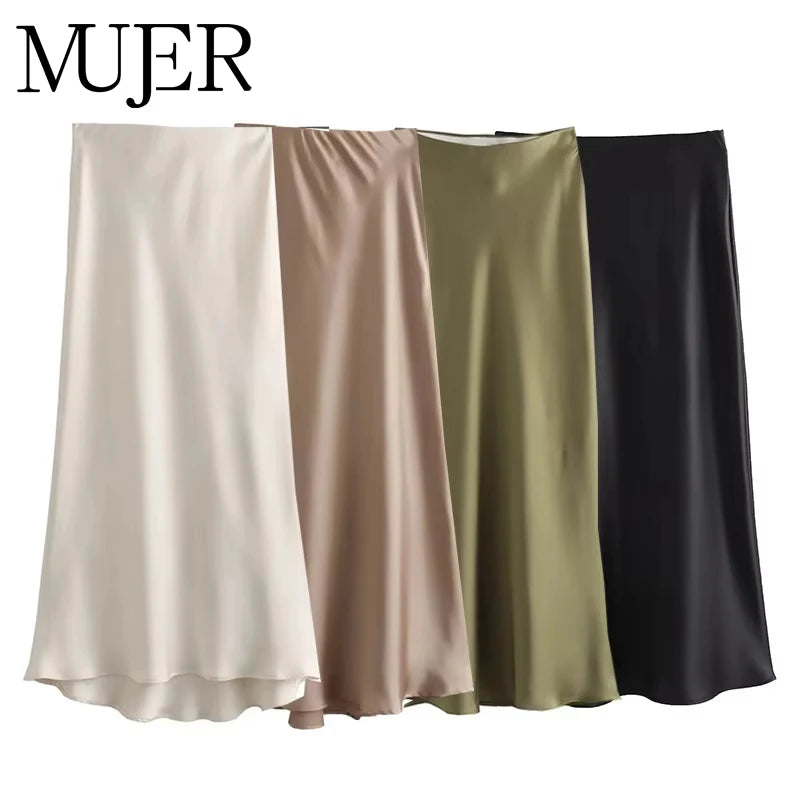 MUJER Satin Midi Skirt for Women in Elegant Polyester Satin