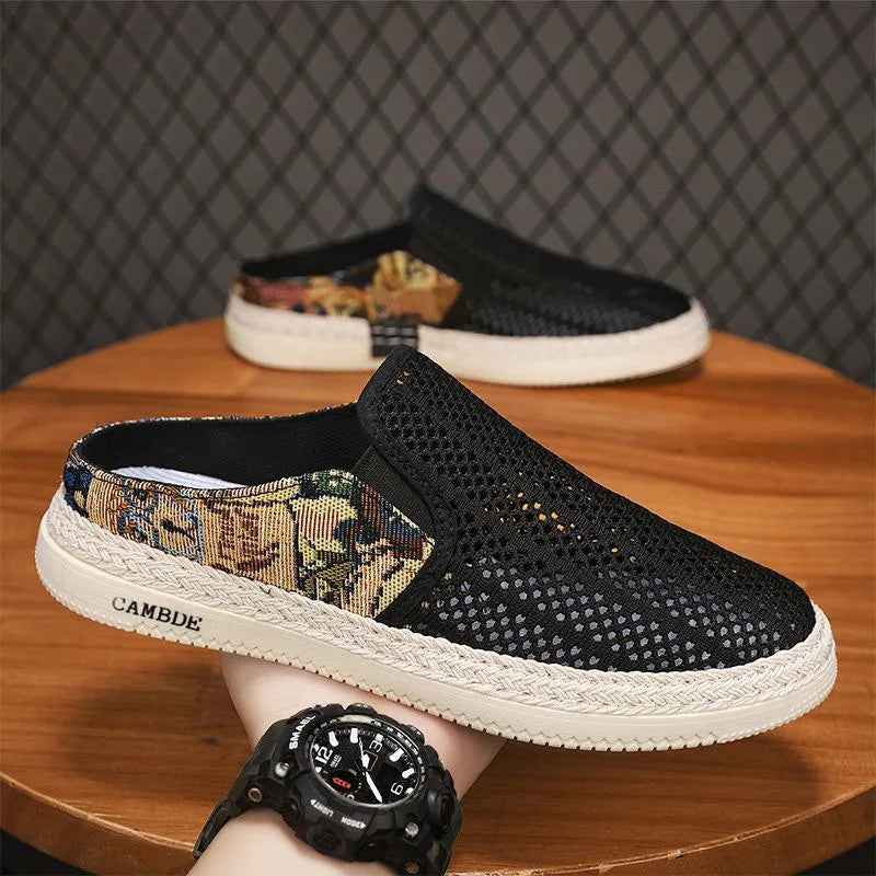 Men's Shoes Mesh Half Slippers Trend Outdoor Round Toe Casual Shoes Lightweight Hollow Sneakers Summer Breathable Slip-On Shoes