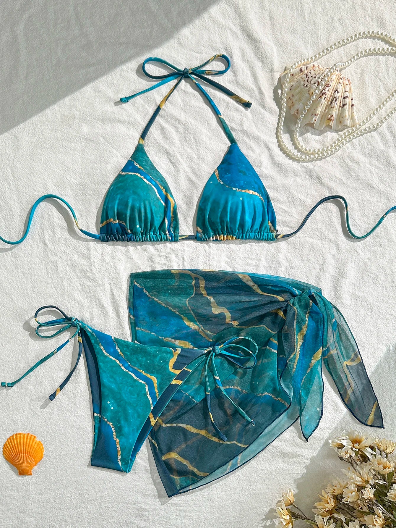 Blue Marble Print Women's Three-Piece Swimsuit Set