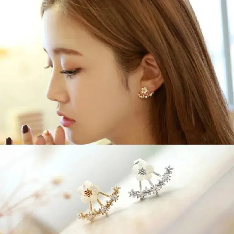 Trendy Women's Flower Stud Earrings in Metal with Zircon