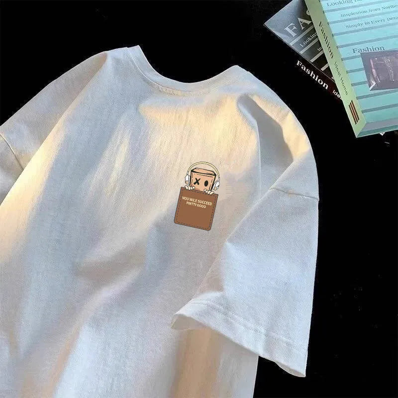 American Style Vintage Fashion Simple Design Print Cotton Men T Shirt Oversized Sports Short Sleeve Round Neck Couple Unisex Top
