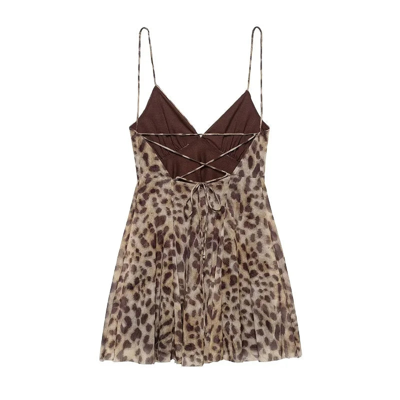 MUJER Leopard Print Tulle Mini Dress for Women