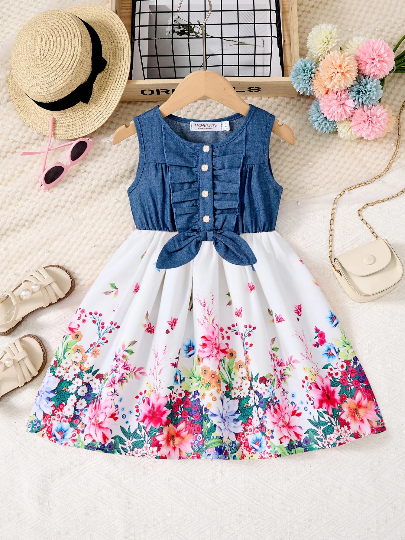Denim Print Casual Dress for Girls with Bow and Ruffled Sleeves