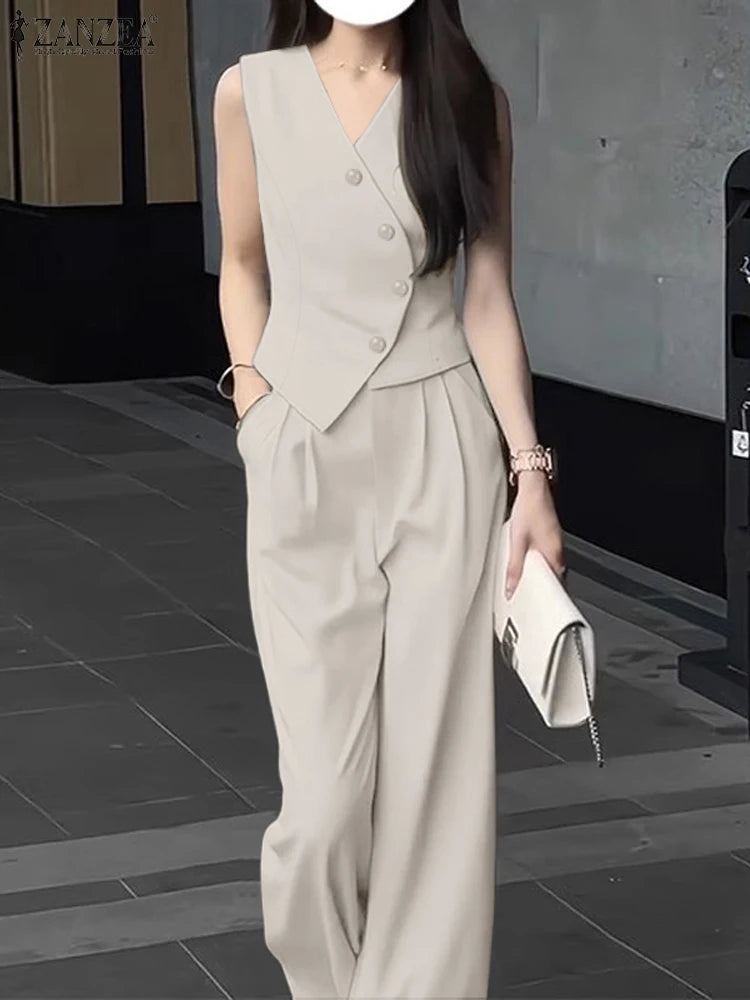 ZANZEA Summer Sleeveless Tops and Wide Leg Trousers Set