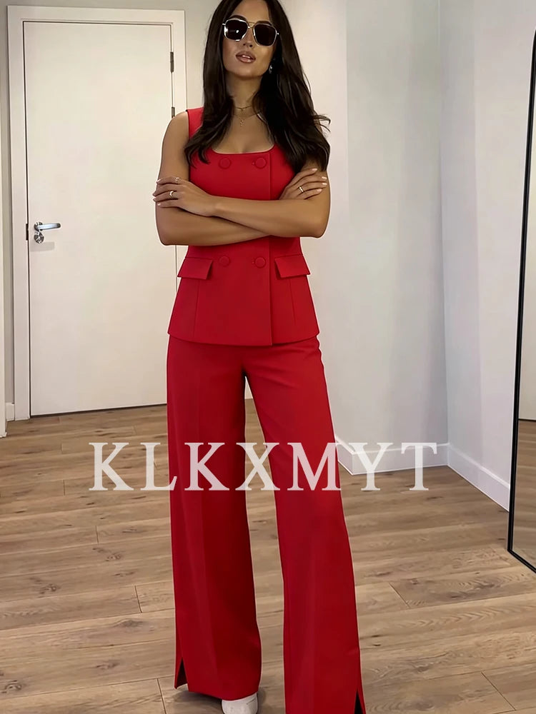 Klkxmyt Women's Vintage Office Suit Set with Chic Vest and Pants