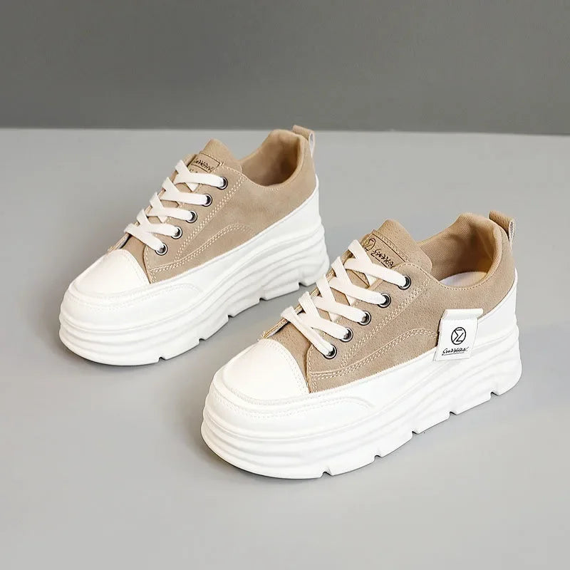 Chunky Lace-Up Sneakers for Women in Soft PU for Casual Wear