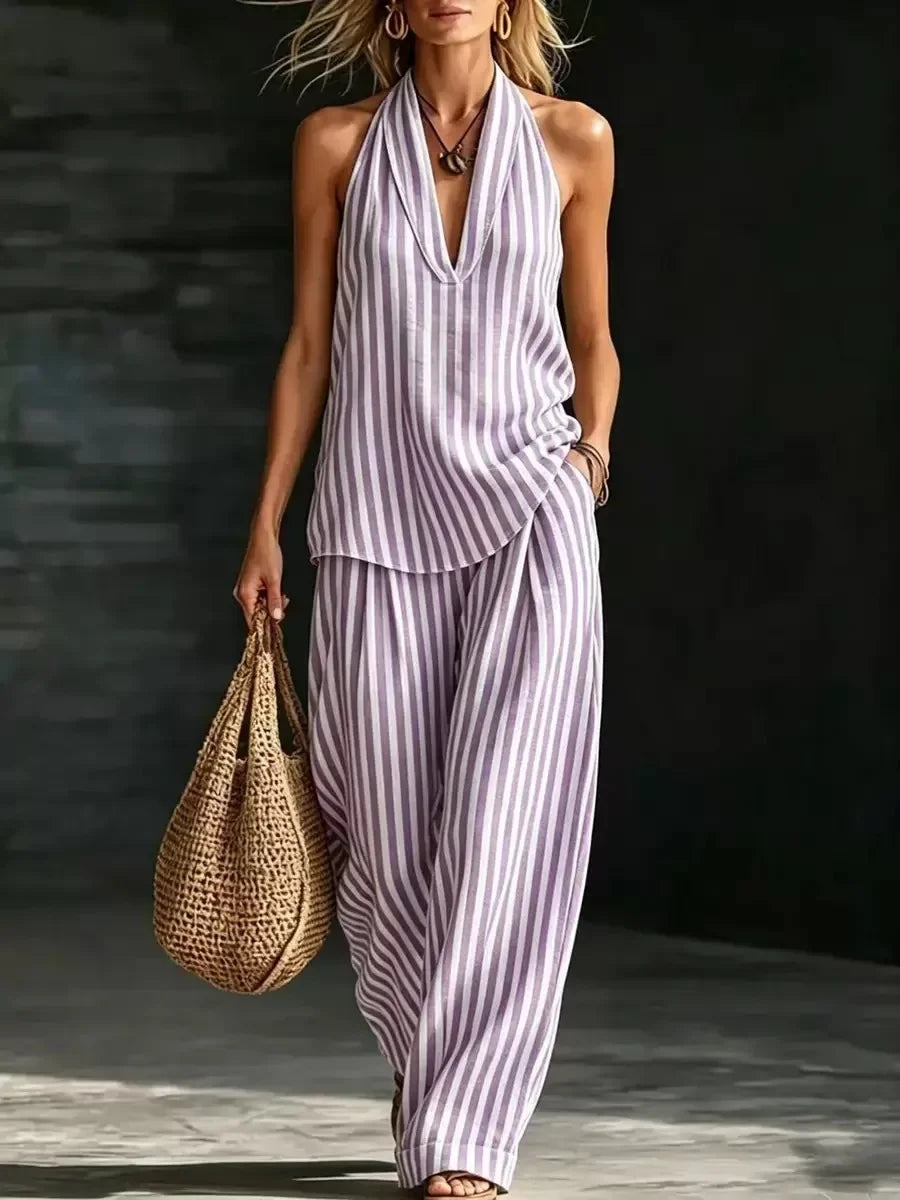 Chic Striped Wide-Leg Pants and Halter Top Set for Women