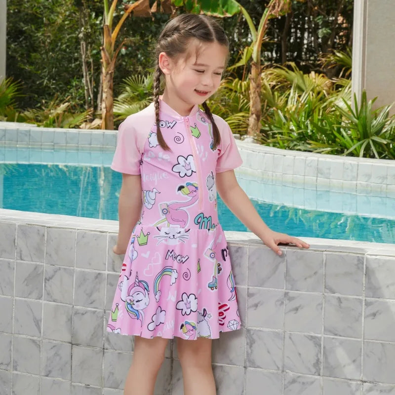 Girls' Cartoon One-Piece Swim Dress in Elastane for Spring