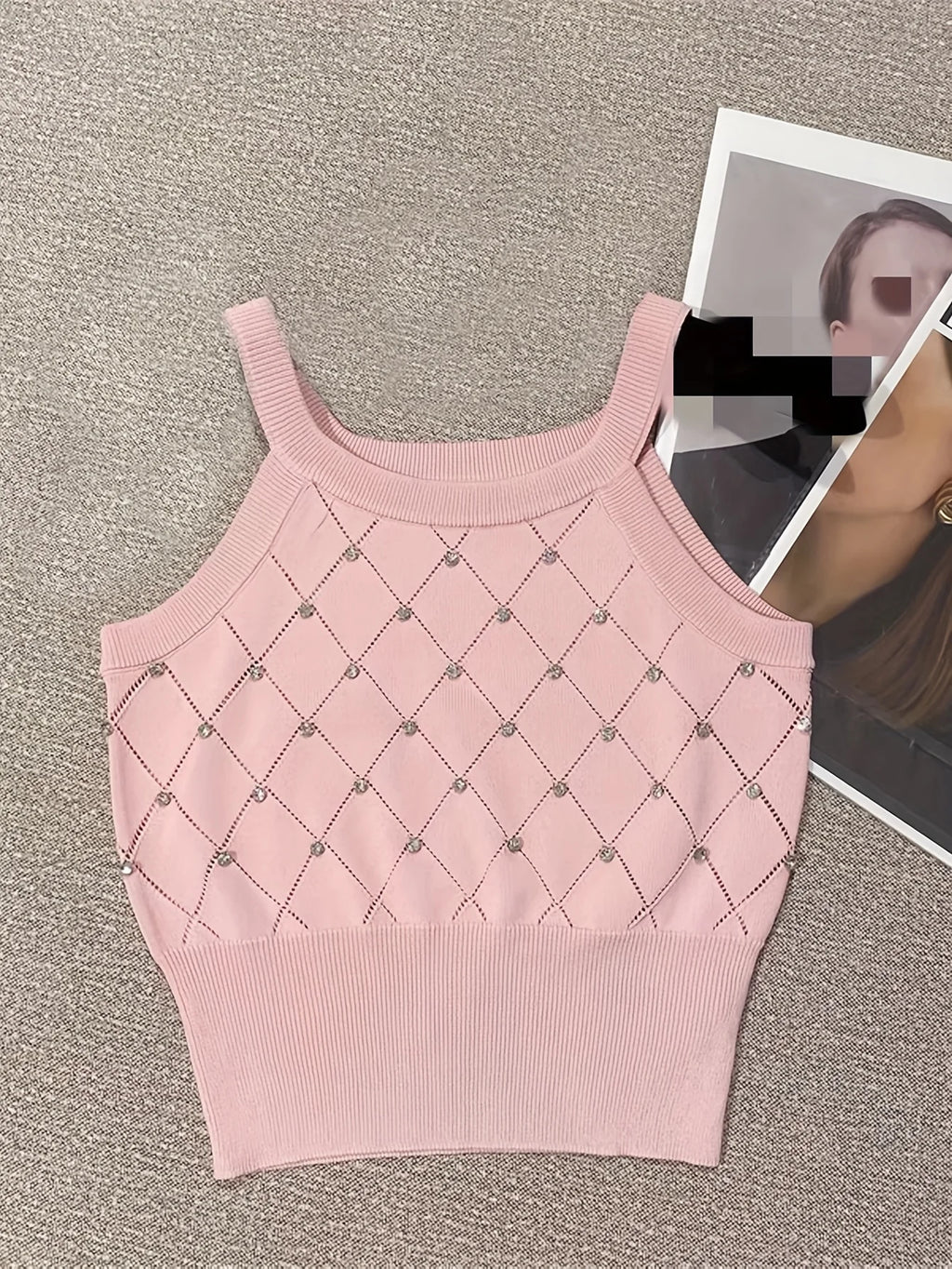 Casual Knitted Cami Top with Rhinestones for Women