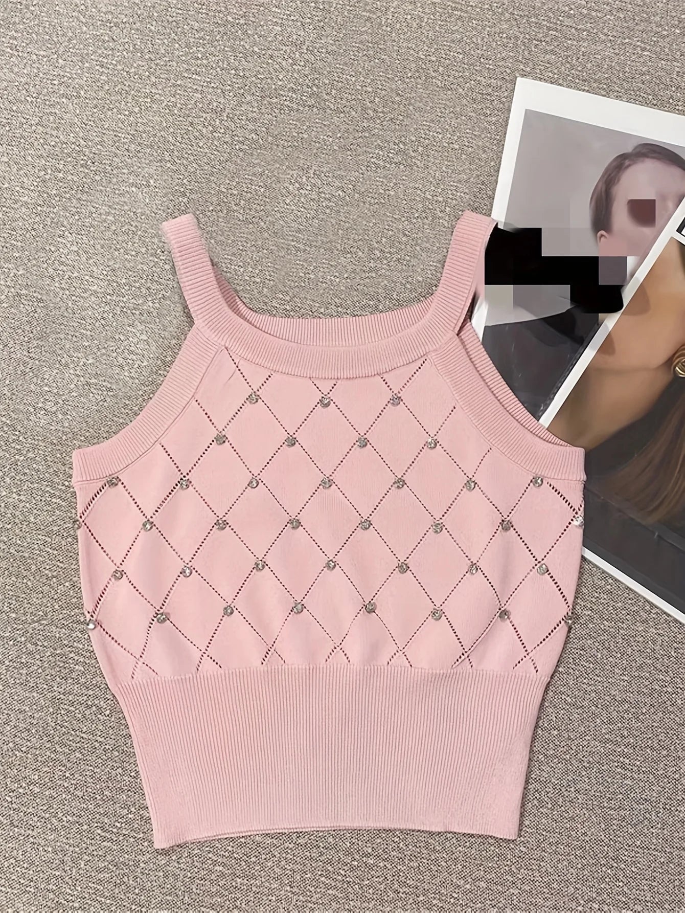 Casual Knitted Cami Top with Rhinestones for Women