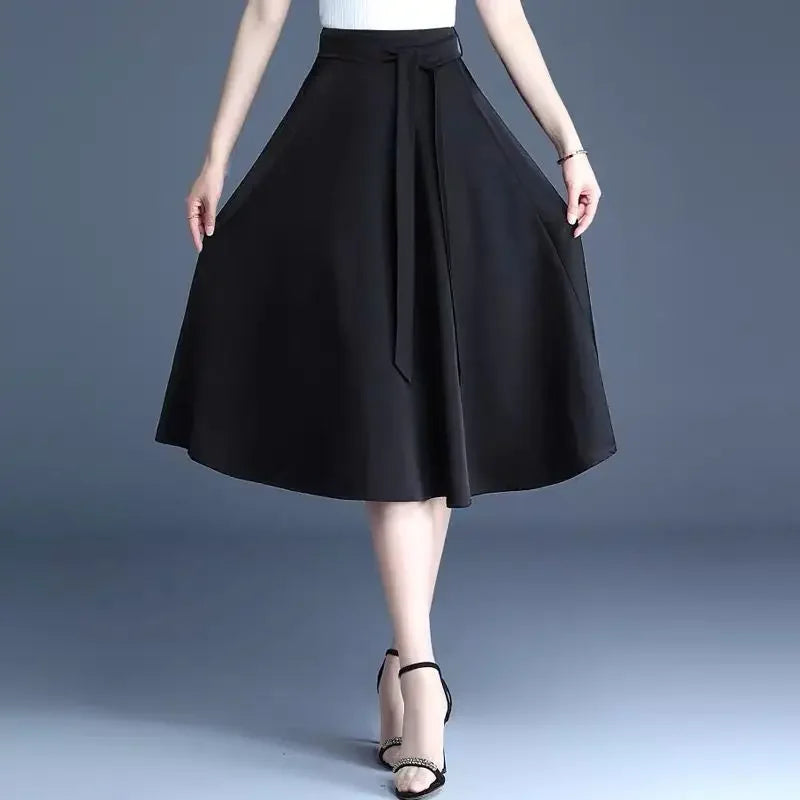 Cotton Blend A-Line Midi Skirt for Women with Lace-Up Detail