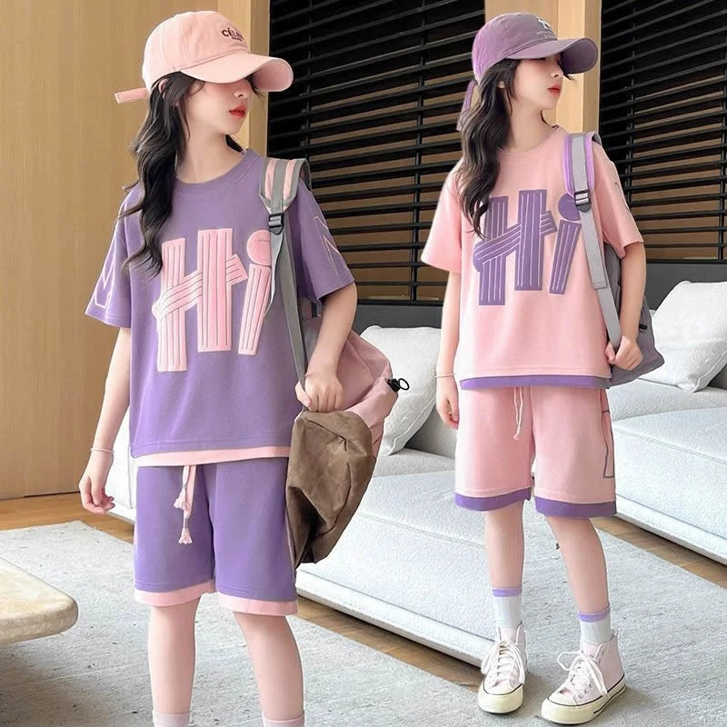 Summer Girls T-Shirt and Shorts Set in Pink and Purple