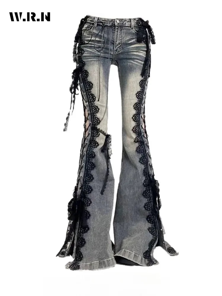 Slim High Rise Flare Jeans for Women with Lace Detail