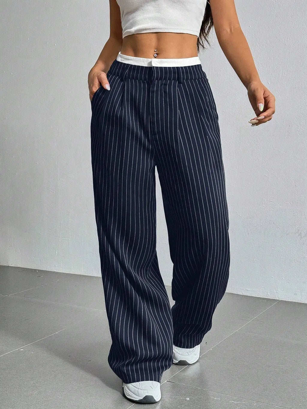 Women's High Waisted Stripe Straight Pants for Office Wear