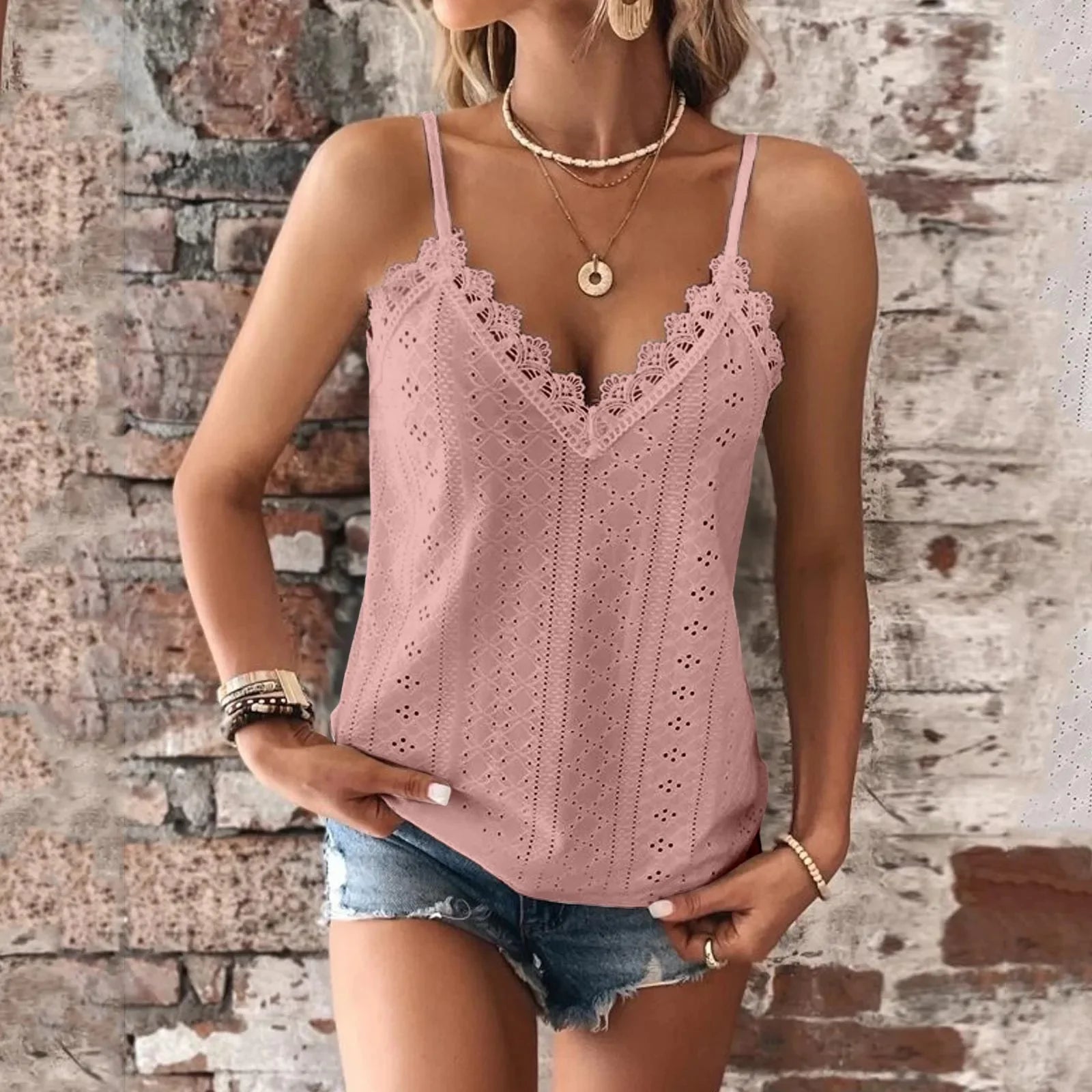 Creme V Neck Lace Camisole Tank Top for Women
