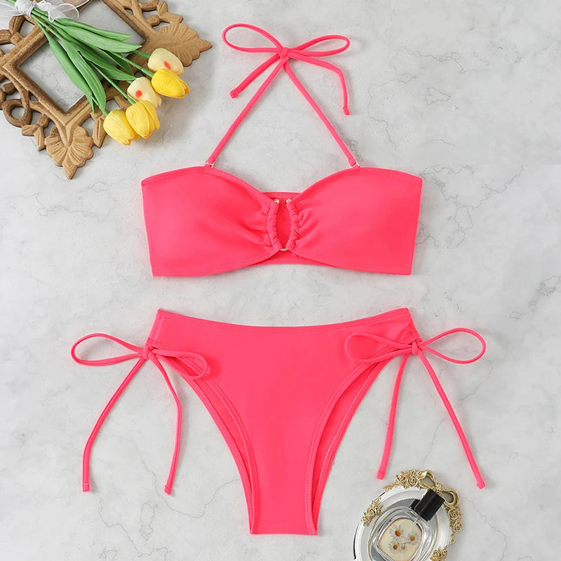 Durable Nylon Women's High Waist Knotted Bikini Set