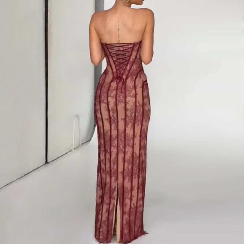 Elegant Floral Lace Strapless Slim Fit Dress for Women