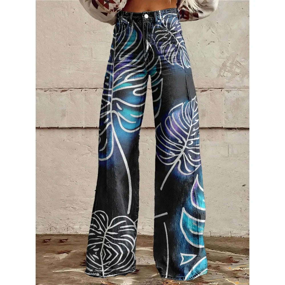 Colorful Tropical Leaf Print Wide Leg Pants for Women