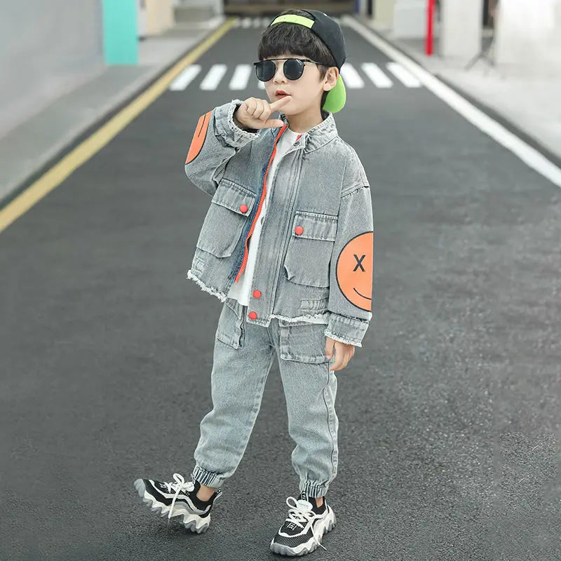 FUKEXIN Boys Denim Tracksuit Set for Ages 4-6 Years