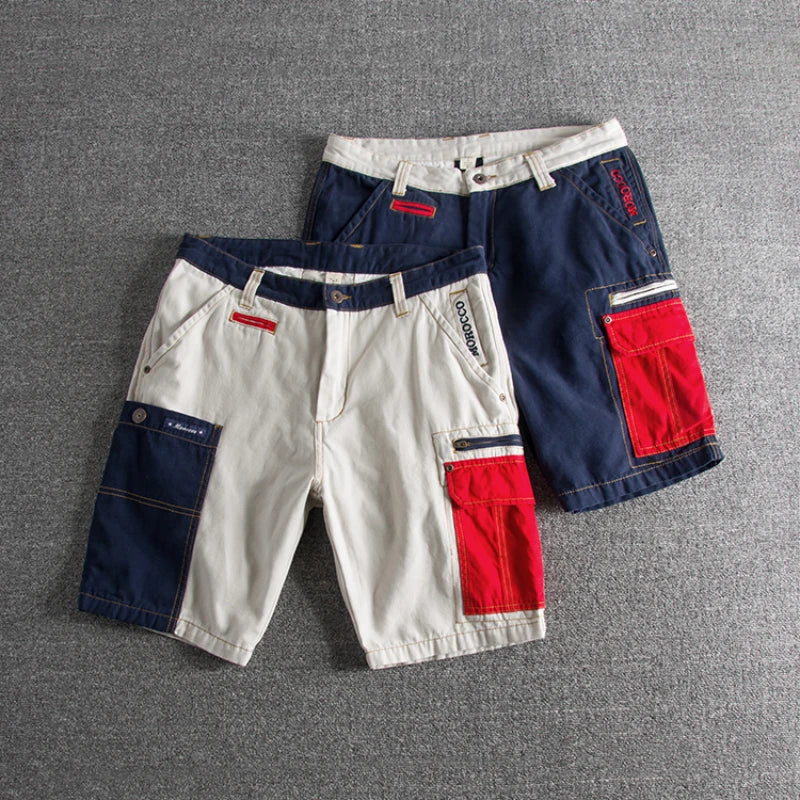 Summer fashion style personality color splicing wash and do old slim men's cargo shorts multi-pocket casual pants