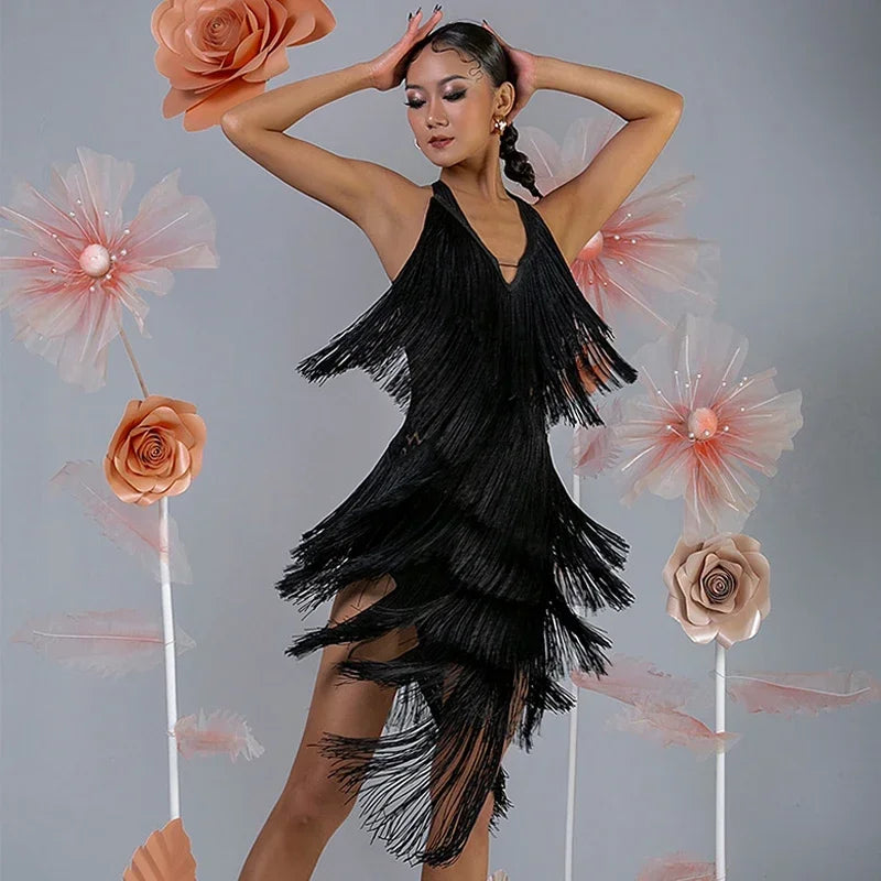 Elegant Black Backless Fringe Dress for Latin Dance Competitions