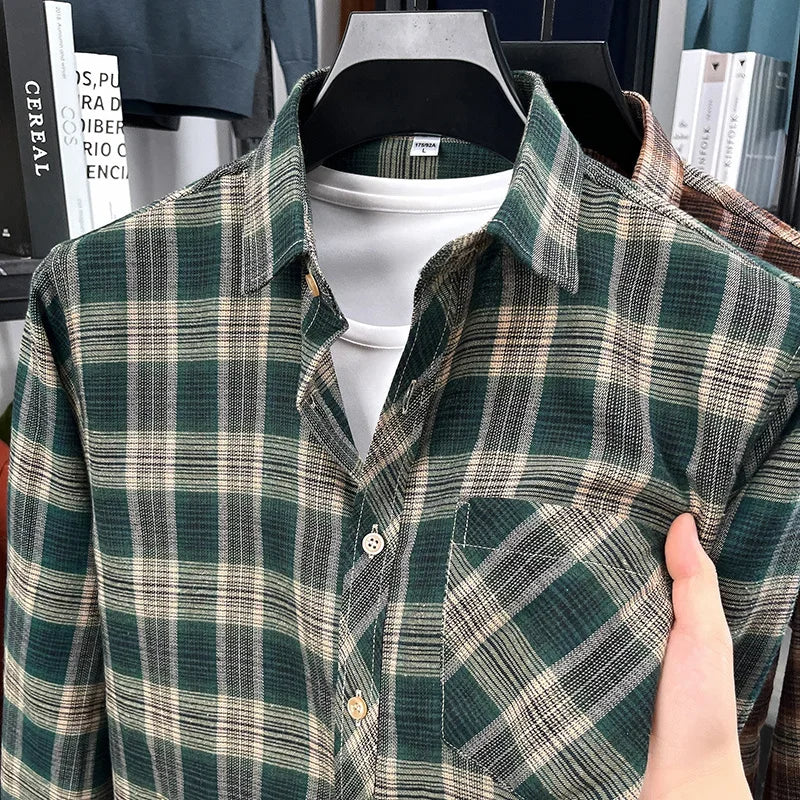 2026 Autumn New Men's Printed Striped Long Sleeved Shirt Casual Fashion Versatile Men's Top