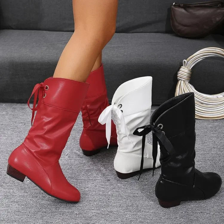 YBQJOO Women's Mid-Calf Chelsea Boots in Red, Black and White