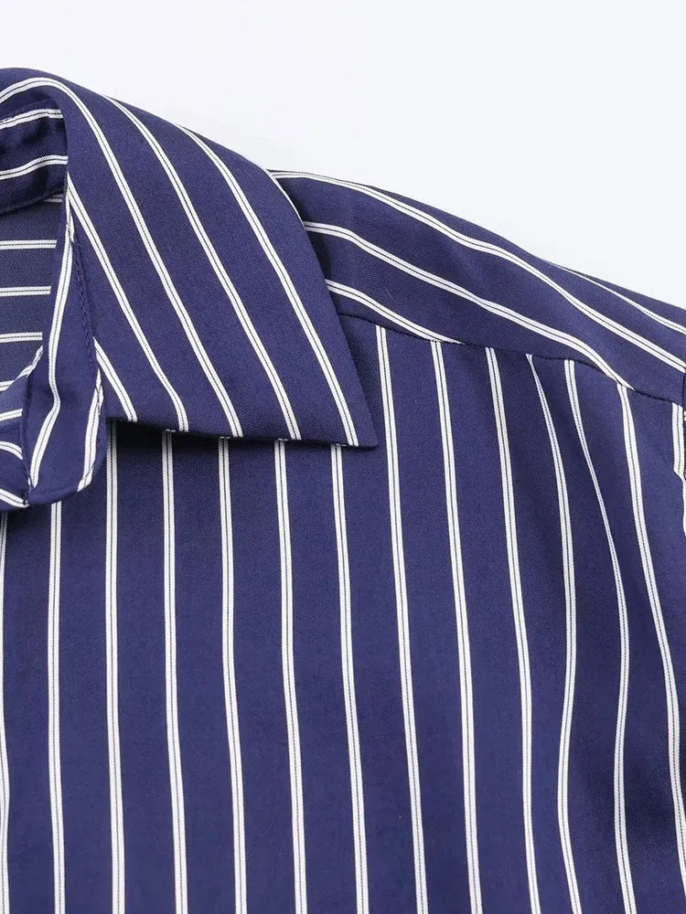 Stylish Women Striped Blouse with Turn-Down Collar