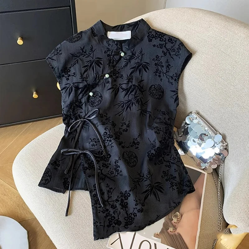 Black Jacquard Chinese Style Cheongsam Top for Women