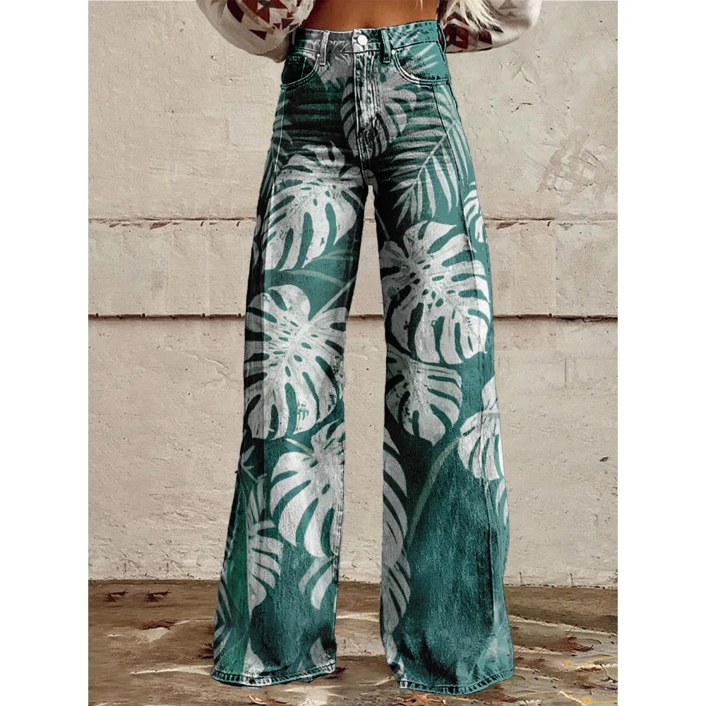 Colorful Tropical Leaf Print Wide Leg Pants for Women