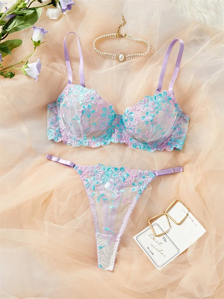 Purple Blue Floral Embroidery Mesh Bra and Panty Set
