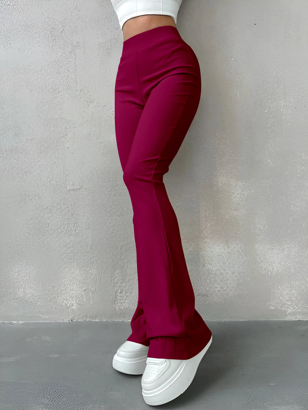 High Waisted Flared Pants for Women in Ribbed Solid Color