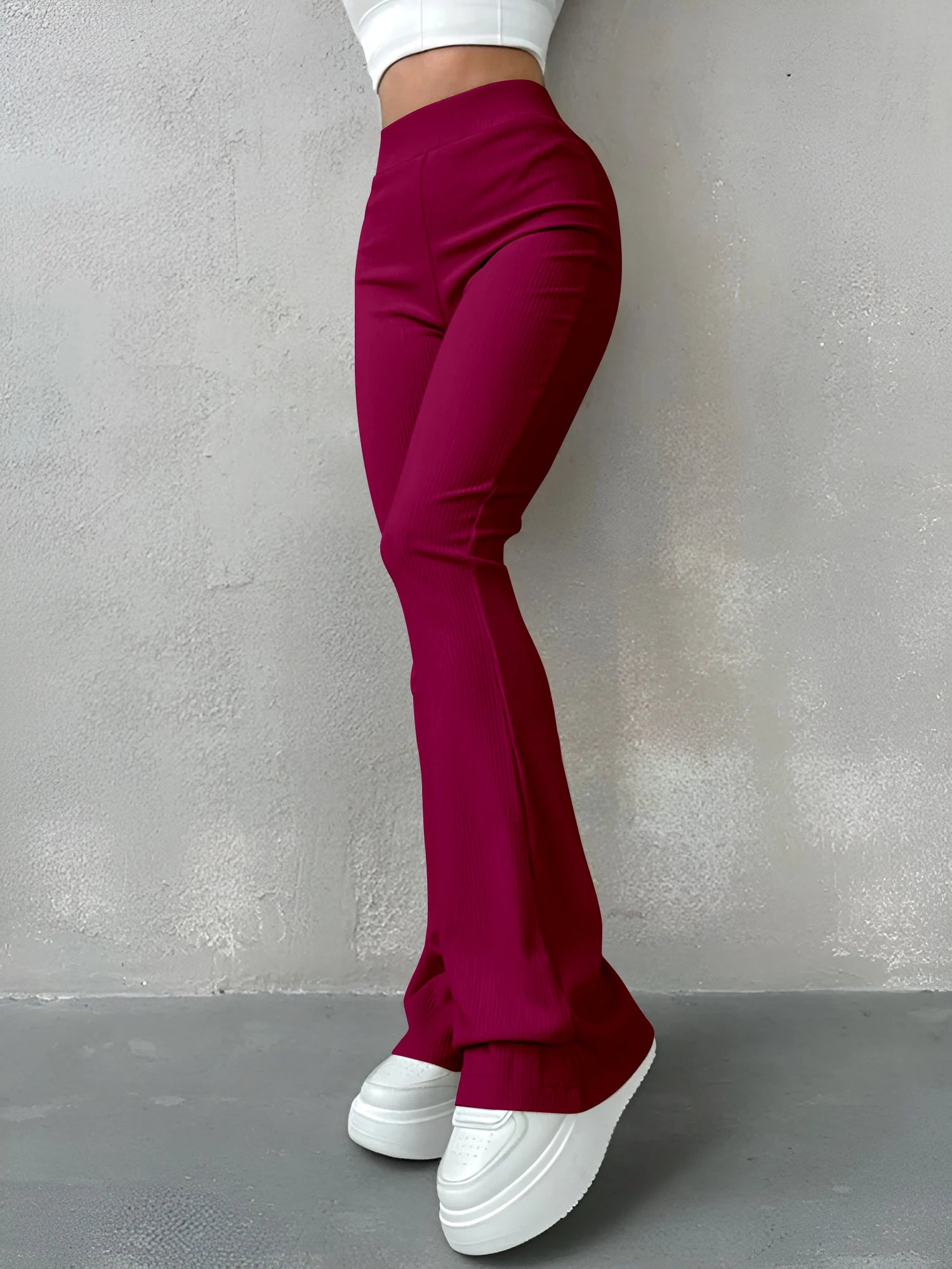 High Waisted Flared Pants for Women in Ribbed Solid Color