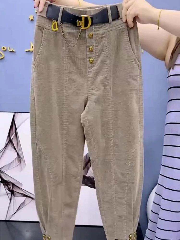 Women's Corduroy Harem Pants in Solid Color for Casual Wear