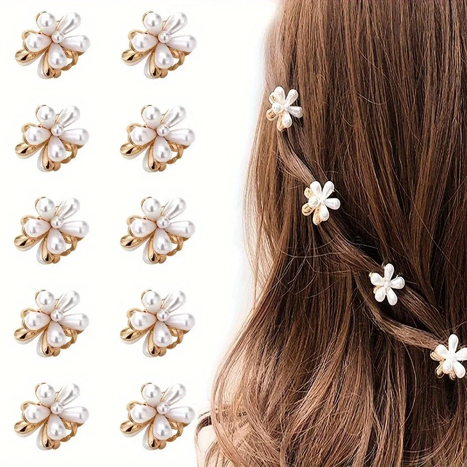 Flower Shaped Hair Grab Clips for Girls - Faux Pearl Alloy Barrettes