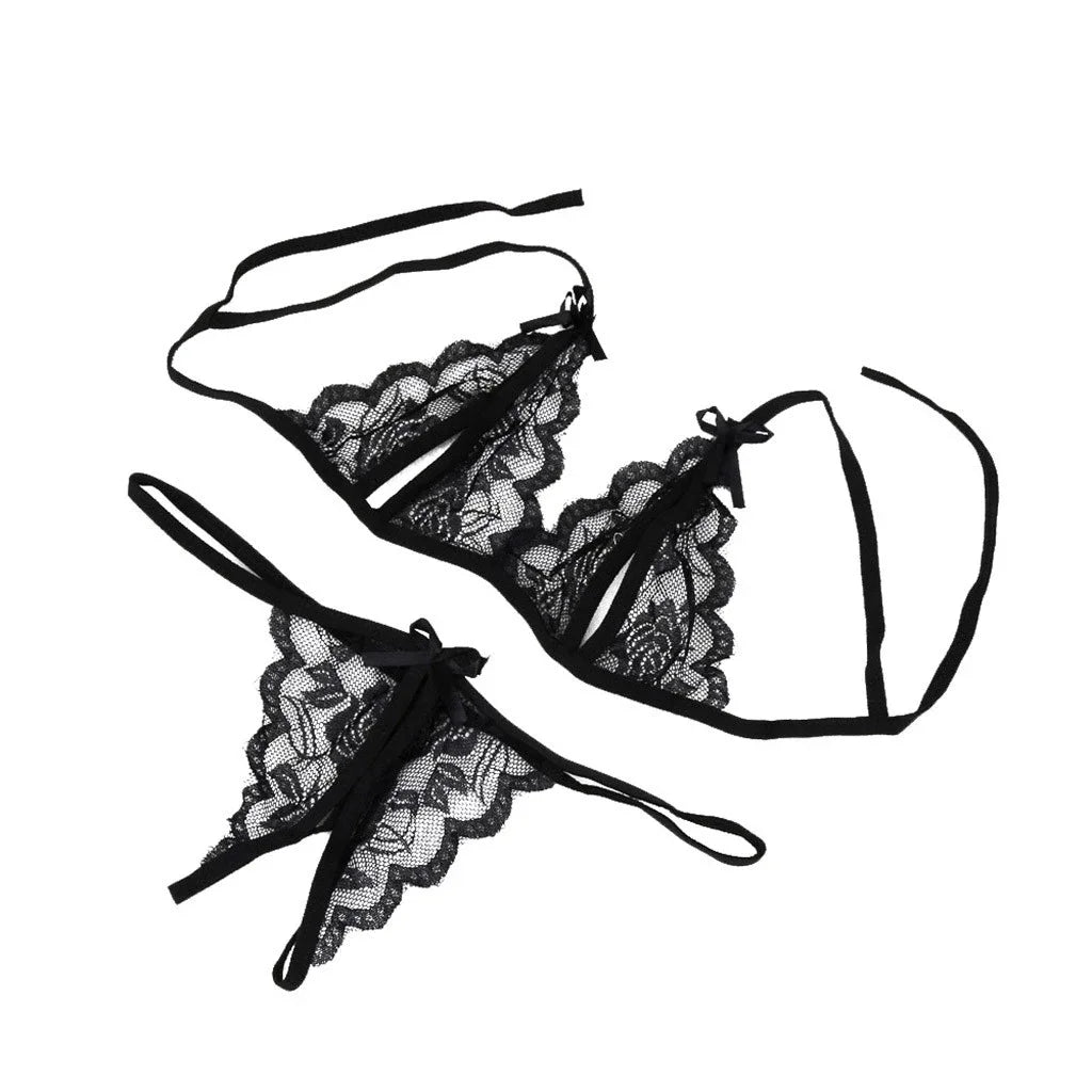 Lace Up Bra and Open Crotch G-String Set for Women