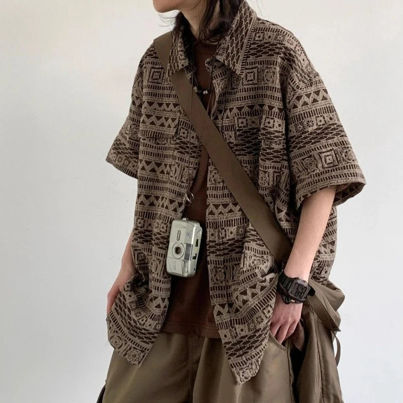 Men Trendy Japanese Style Vintage Print Harajuku Oversize Shirt Summer Casual Streetwear Y2K Short Sleeve Tops Camisas De Hombre