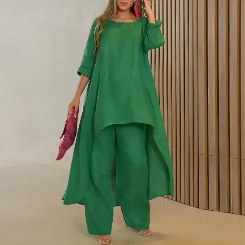Plus Size Women's Indie Folk Asymmetrical Dress and Pants Set