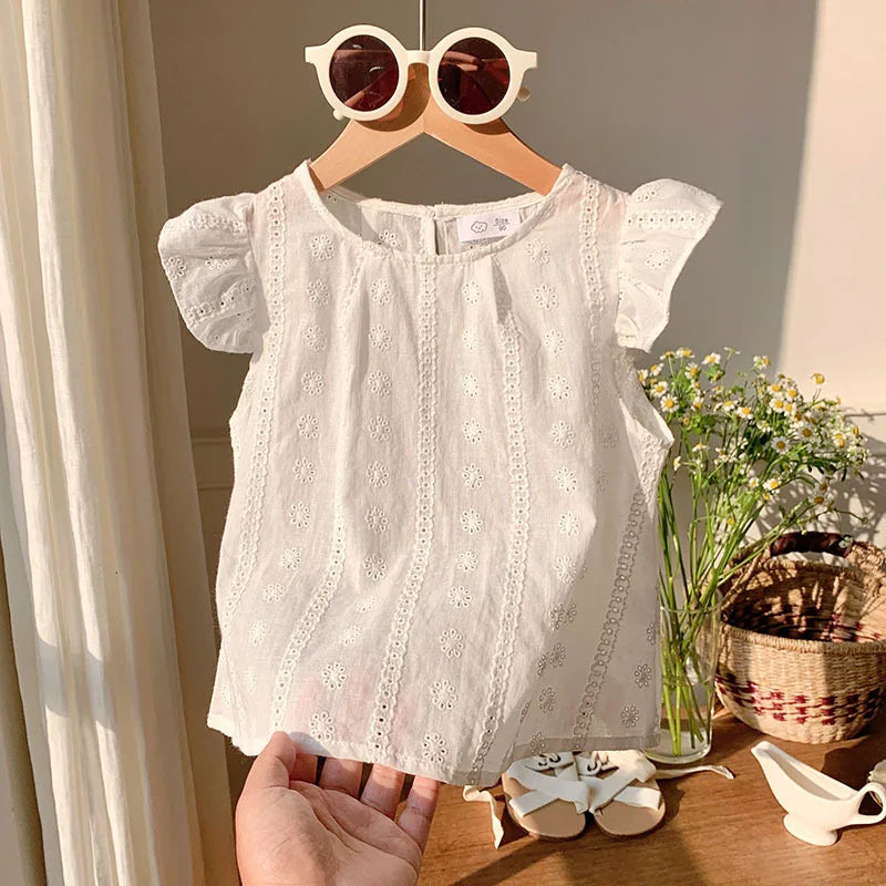 Girls Summer Sleeveless Ruffled Top with Lace Trim