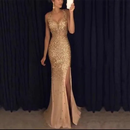 Women's Ankle-Length Slit Bronzing Dress with V-Neckline